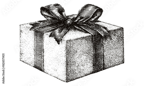 Traditional hand-drawn engraving of gift present wrapped with ribbon bow in vintage stipple style, isolated illustration with grainy dot shading effect on transparent background, retro look