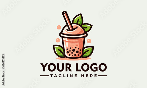 Cute logo design for a bubble tea shop, featuring a stylized drink with leaves and straw.
