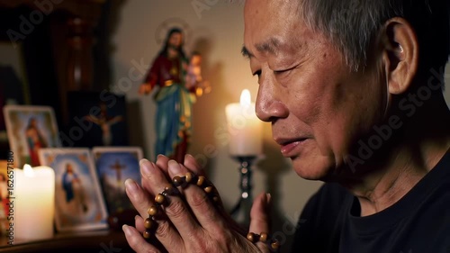 East Asian Elder Man Praying with Rosary in Dimly Lit Home Altar