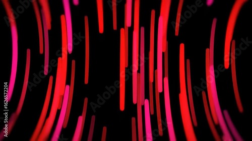  An energetic abstract background of curving red and pink light lines moving upwards on a black background. Seamless loop for music or events.