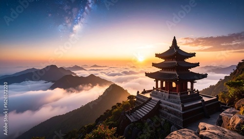 Wallpaper Mural Pagoda Temple Above Clouds at Sunset in Mountain Landscape Torontodigital.ca