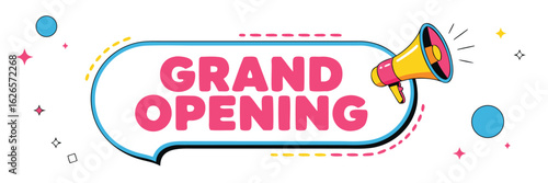 Cartoon Grand Opening Announcement with Megaphone, Speech Bubble, Stars, and Circles on White Background