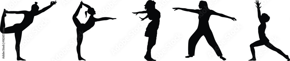 Fototapeta premium Women exercising for body stretching. Women practicing yoga in various poses for Peaceful wellness and mindfulness Workout in relaxation and sleep concept Silhouettes Woman of yoga poses