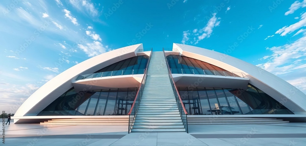 Fototapeta premium Exterior view of a futuristic building with an external staircase ascending to the sky, view, dream
