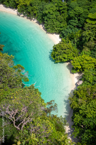 View from above of the paradisiacal beach of Koh Hong in Krabi province, Thailand, with its crystal-clear waters and light sand