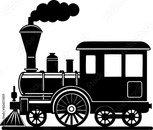 Illustration of a classic steam train with smoke billowing from its chimney in black and white style