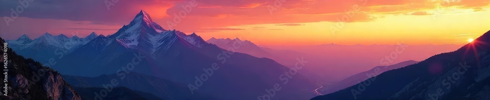 Obraz premium Breathtaking panoramic view of a majestic mountain range at sunset, vibrant colors paint the sky, serene landscape, tranquil nature , sky, valley