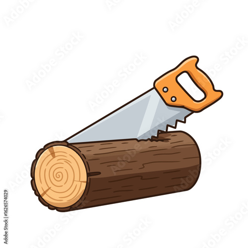 Vector art of hand saw cutting a wooden log, isolated on white background, illustrating woodworking and carpentry
