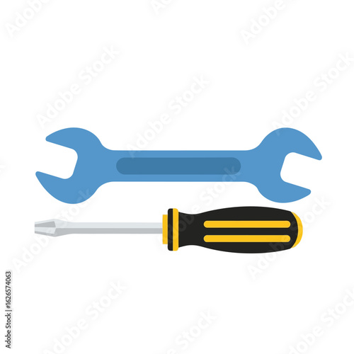 Vector art of blue wrench and screwdriver isolated on white background, representing tools for repair and maintenance