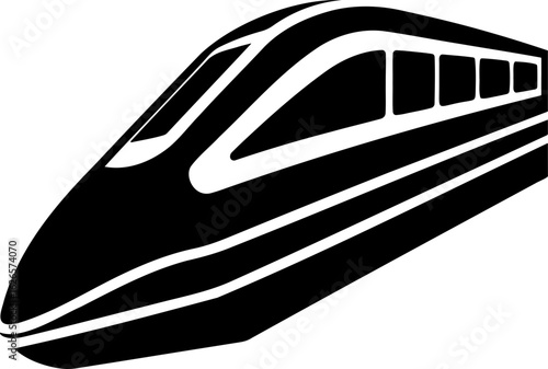 A sleek black and white illustration of a modern bullet train with streamlined design and multiple windows