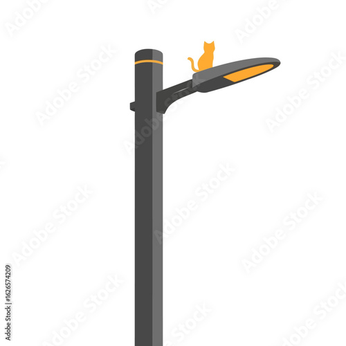 Vector art of a modern street light with an orange glow, featuring a cute cat sitting on top, isolated on white background