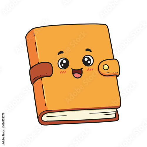 Vector art of a cute, smiling orange book with a brown clasp, isolated on white background, representing knowledge and education