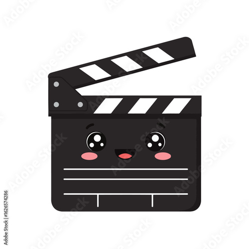 Vector art of cute cartoon clapperboard with a happy face, isolated on white background