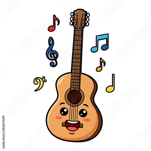 Vector art of a happy, smiling acoustic guitar surrounded by musical notes, isolated on white background, representing music