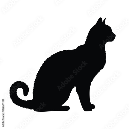 Elegant black cat silhouette sitting in profile. A simple graphic illustration icon of a domestic feline pet isolated on a white background.