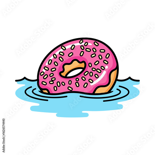 Vector art of pink frosted donut with sprinkles floating in water, isolated on white background