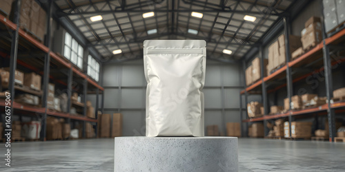 Blank packaging pouch on a cement pedestal in a spacious warehouse with backlighting