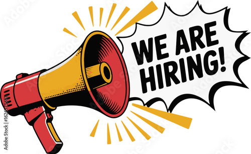 Vector art of megaphone announcing we are hiring isolated on white background