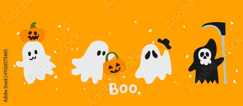 A collection of cute Halloween banners with ghosts, pumpkins, mummies and monsters. Bright and fun colors with a bright orange background. Perfect for decorating your banner, website or social media.
