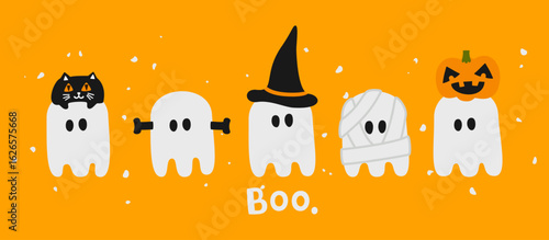 A collection of cute Halloween banners with ghosts, pumpkins, mummies and monsters. Bright and fun colors with a bright orange background. Perfect for decorating your banner, website or social media.

