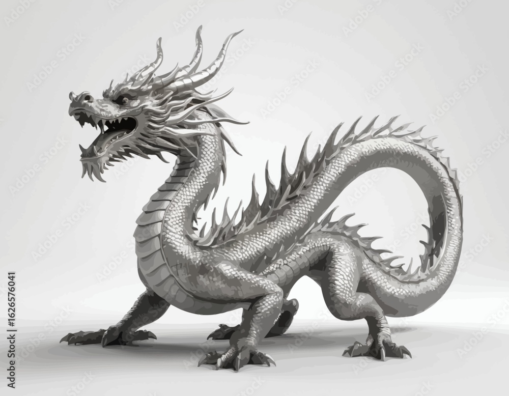 The dragon is presented in a monochrome palette, primarily in shades of gray and white, which highlights its intricate textures and forms. Its long, serpentine body is coiled, and it is depicted with The dragon is presented in a monochrome palette, primarily in shades of gray and white, which highlights its intricate textures and forms. Its long, serpentine body is coiled, and it is depicted with