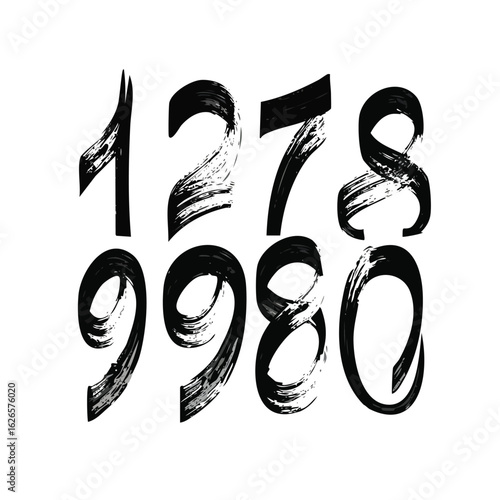 A complete set of artistic hand-painted numbers in a calligraphic style. Black ink brush stroke digits with a textured, expressive design.