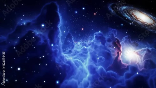  A beautiful and serene flight through a spectacular blue and purple space nebula. A cosmic journey among stars and galaxies for relaxation or science.