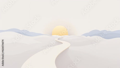 A path through clouds leading to a bright yellow sun
