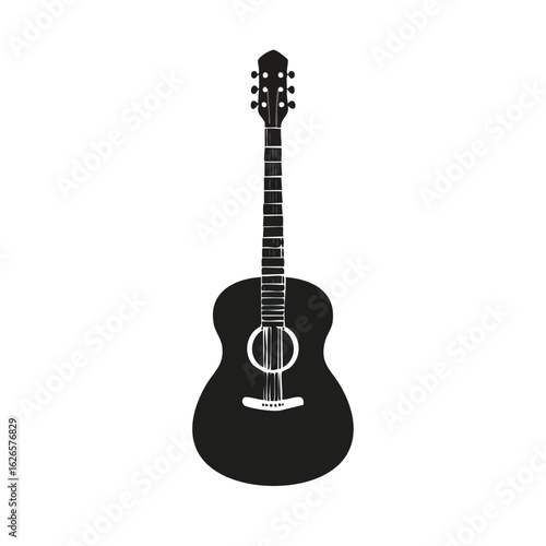 Acoustic guitar silhouette icon. A black and white graphic illustration of a stringed musical instrument for music, hobbies, and artistic concepts.