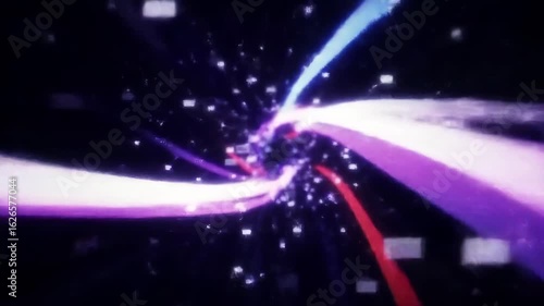 Abstract animation of traveling through a high-speed digital vortex. Colorful light streaks and particles create a futuristic hyperspace tunnel effect.
