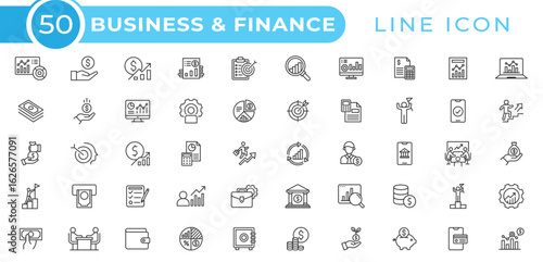 Business and Finance web line icon set. Related Money, contact, bank, check, law, auction, exchange, payment, wallet, deposit, piggy, calculator, coin and many more icon collection