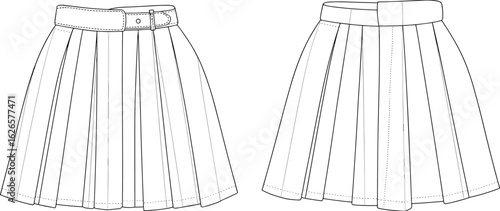 
Flat vector illustration of pleated mini skirt, fashion garment design, technical drawing, front and back views included