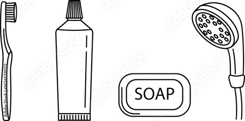 Vector art of line art illustration of a toothbrush, toothpaste tube, soap bar, and shower head, representing personal hygiene and bathroom essentials