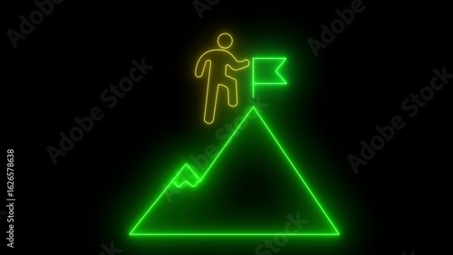 Neon illustration of a person climbing a mountain with a flag