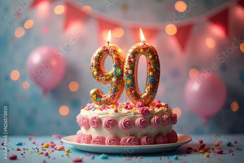 Birthday Cake with Candles Celebrating 90th Anniversary Party