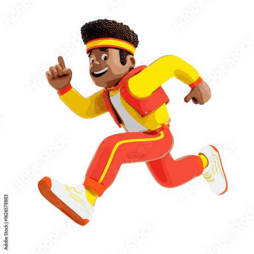 Dynamic 3D rendering of a cartoon character with a determined expression.