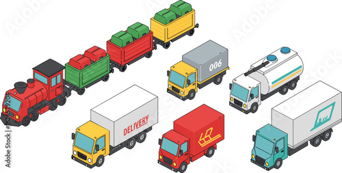 Isometric delivery truck and cargo train collection, transport vehicle vector pack, logistics icons, freight transportation set, shipping trucks and railway engine illustration