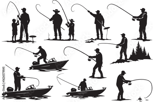 Silhouettes of Anglers: Fishing Moments on the Water

Fishermen at Work: A Day on the Lake in Silhouette

Black and White Fishing Boat Silhouettes Collection