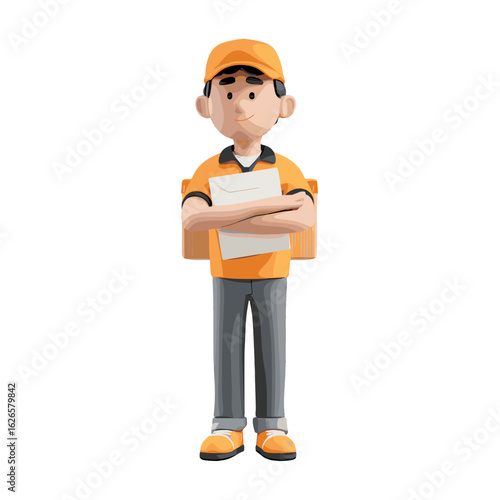 A delivery person in an orange uniform holding documents and package.