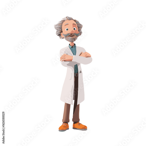A smiling scientist in a lab coat with crossed arms.