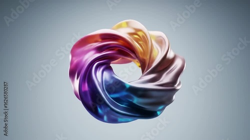  A seamless loop of a twisted, iridescent abstract ring shape, slowly rotating and morphing with vibrant, metallic colors against a clean background.