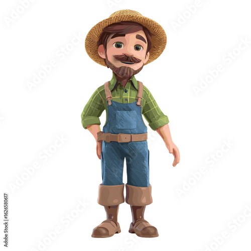 A 3D rendering of a farmer, dressed in work attire and wearing a straw hat, showcasing a friendly pose.