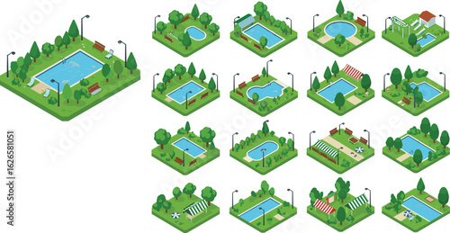 Isometric swimming pool park collection, outdoor water recreation vector set, green landscape elements, summer resort illustration pack, stylized leisure activity environment assets