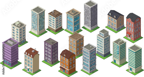 Isometric building collection vector, modern and classic architecture set, urban city skyscrapers, residential and commercial buildings, real estate property pack for game design