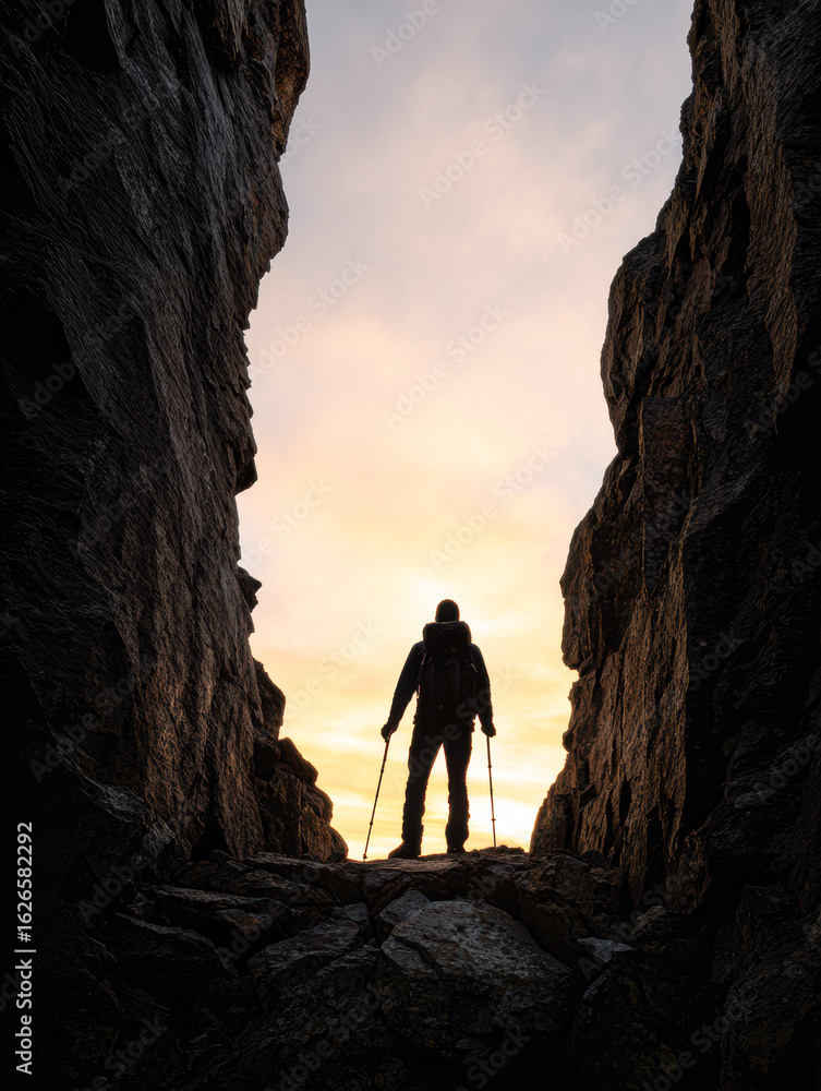 Fototapeta premium A hiker stands at the edge of a rocky crevice during sunset, silhouetted against the sky, surrounded by towering cliffs.