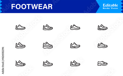 Sports Footwear Professional Line Icon Set – Modern, Minimal, Pixel Perfect Athletic Shoe Symbols