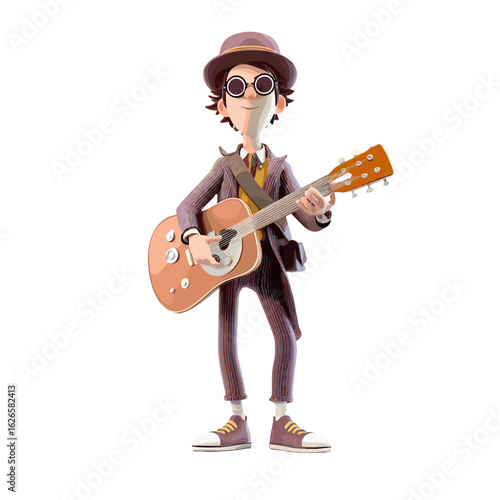 A stylish guitarist playing a vibrant acoustic guitar.
