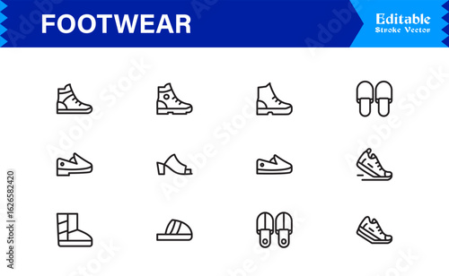 Sports Footwear Professional Line Icon Set – Modern, Minimal, Pixel Perfect Athletic Shoe Symbols