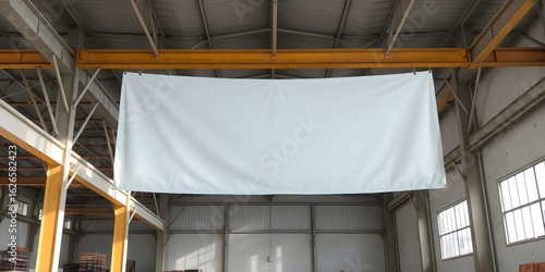 Empty banner hanging from beams in a bright warehouse with long shadows