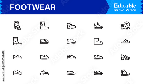 Sports Footwear Professional Line Icon Set – Modern, Minimal, Pixel Perfect Athletic Shoe Symbols
